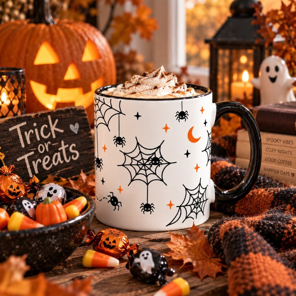 Spiderweb mug styled with a carved pumpkin and Halloween candy - spooky coffee mug Canada
