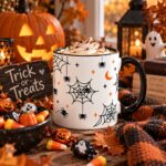 Spiderweb mug styled with a carved pumpkin and Halloween candy - spooky coffee mug Canada