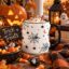Spiderweb mug styled with a carved pumpkin and Halloween candy - spooky coffee mug Canada
