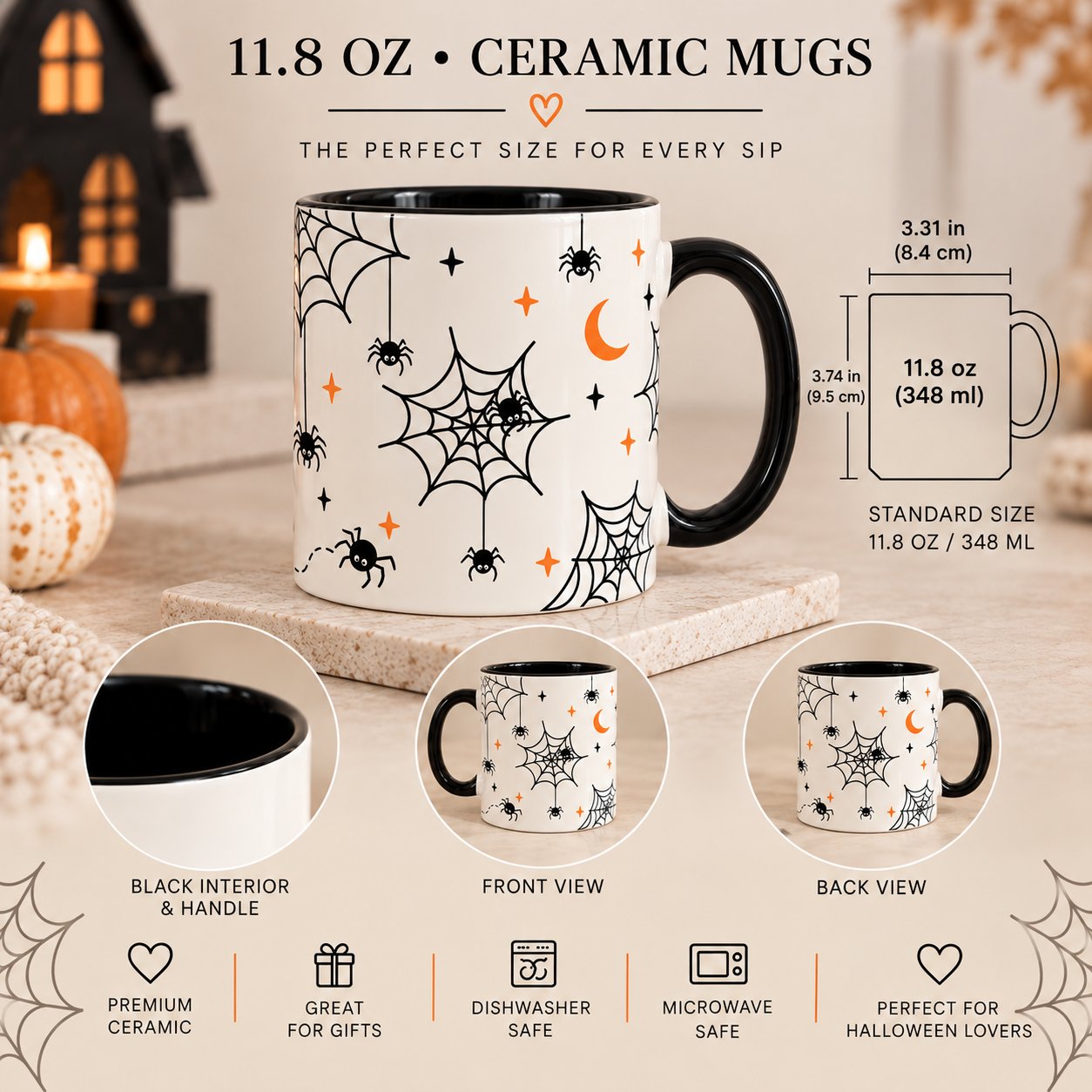 Spiderweb mug size guide - 11.8oz, 3.74 inches tall by 3.31 inches across, front and back view