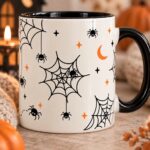 Spiderweb Halloween mug - hand-drawn cobwebs, spiders and orange crescent moon on white ceramic