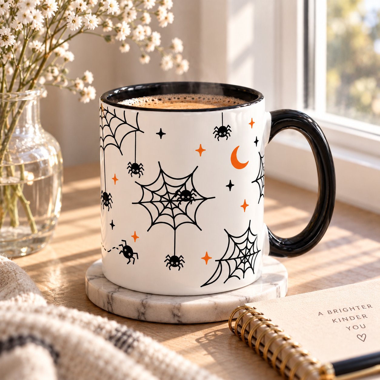 Spiderweb mug on a marble coaster by a window with flowers - Halloween mug GTA