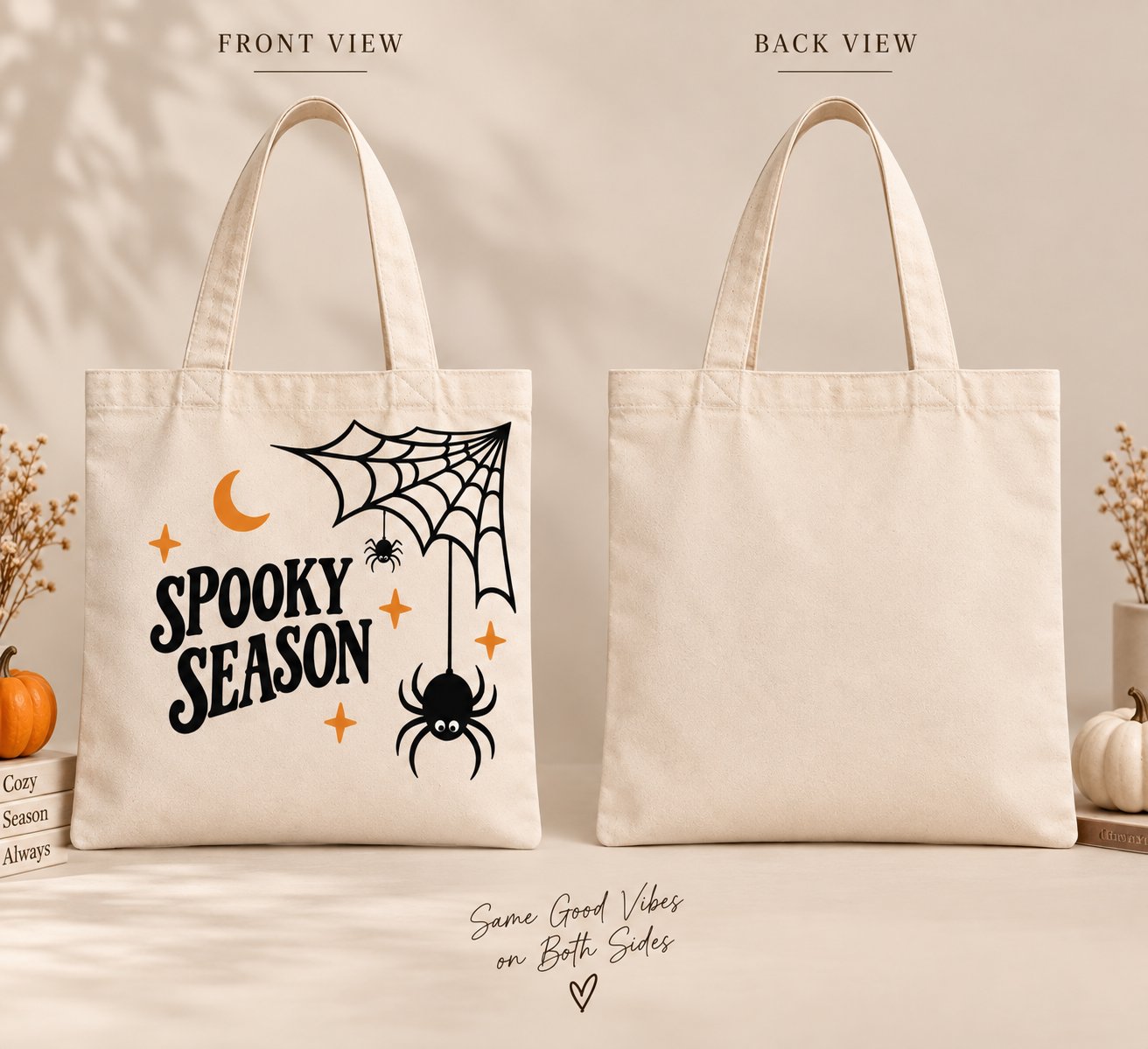 Spooky Season tote front and back view - natural cotton canvas Halloween tote Canada