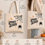 Spooky Season tote bag size guide - 15in by 16in with a 12in handle drop