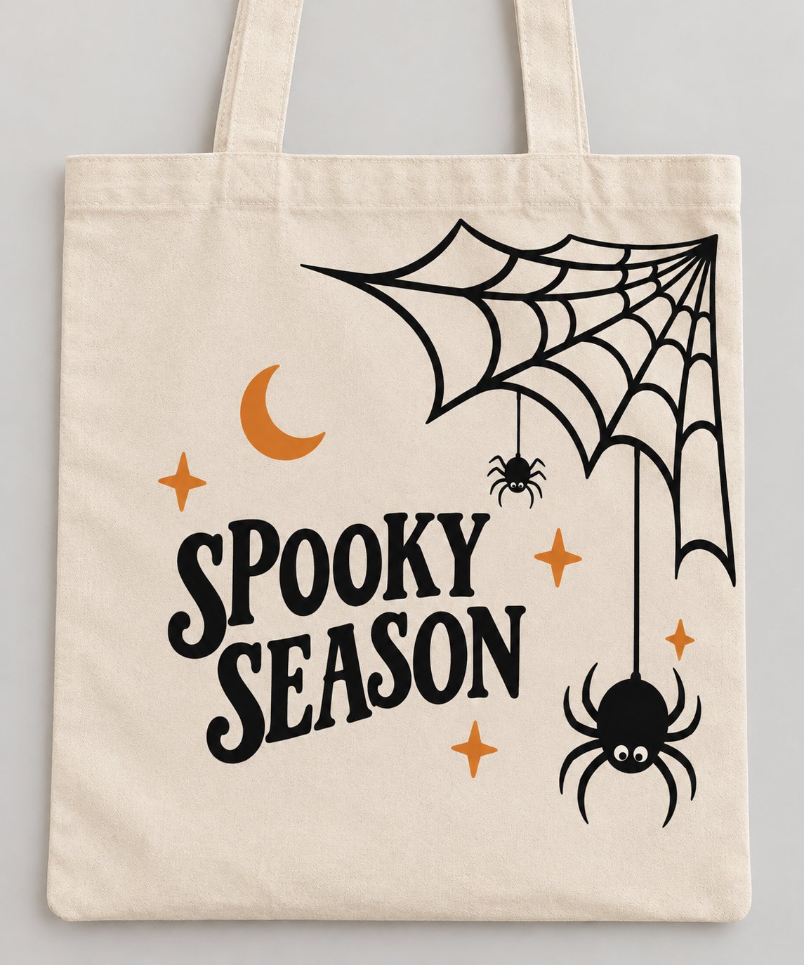 Spooky Season Halloween tote bag - retro lettering with cobweb, spider and orange moon