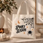 Spooky Season canvas tote styled with white pumpkins and candles - Halloween decor Toronto