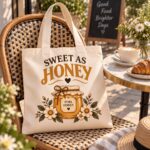Sweet as Honey tote on a cafe chair with coffee and a croissant - honey tote bag GTA