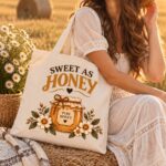Woman in a straw hat with the Sweet as Honey tote in a summer field - cottagecore canvas tote Canada