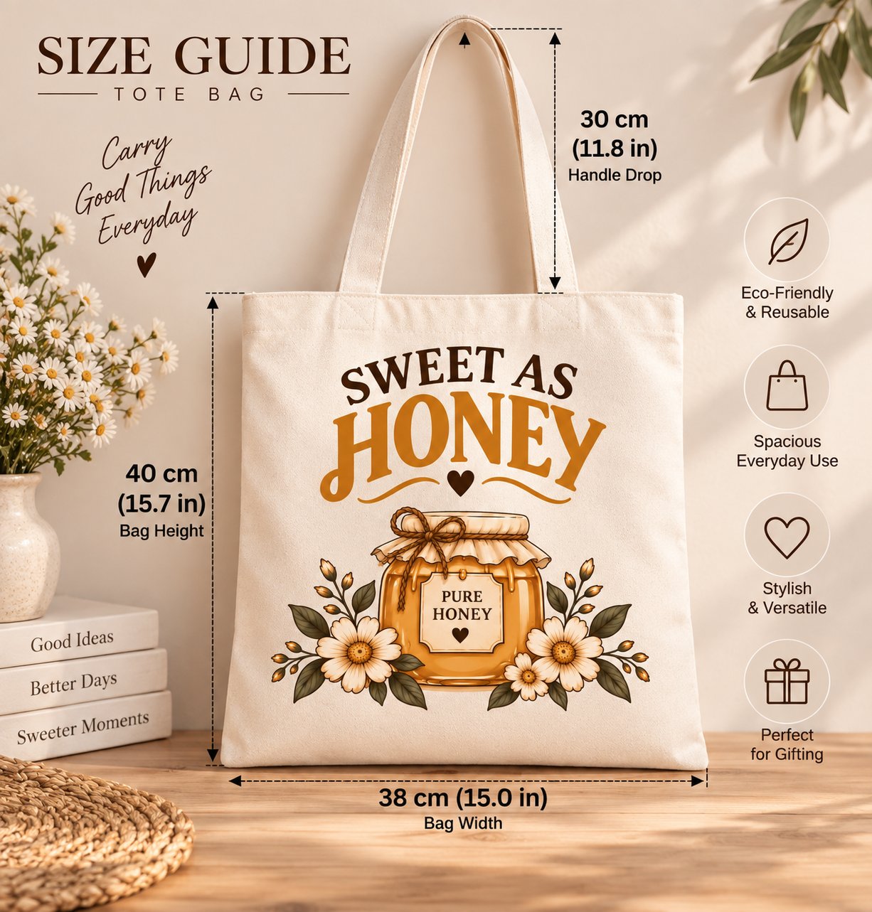 Sweet as Honey tote bag size guide - 38cm by 40cm with a 30cm handle drop