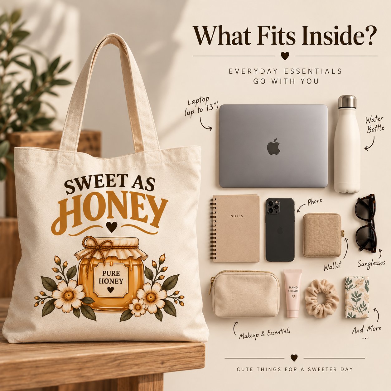 Sweet as Honey canvas tote what-fits-inside guide - holds a laptop, water bottle and essentials