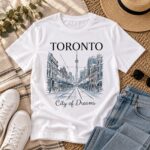 White Toronto City of Dreams t-shirt flat lay with jeans, sneakers and a straw hat - Toronto graphic tee