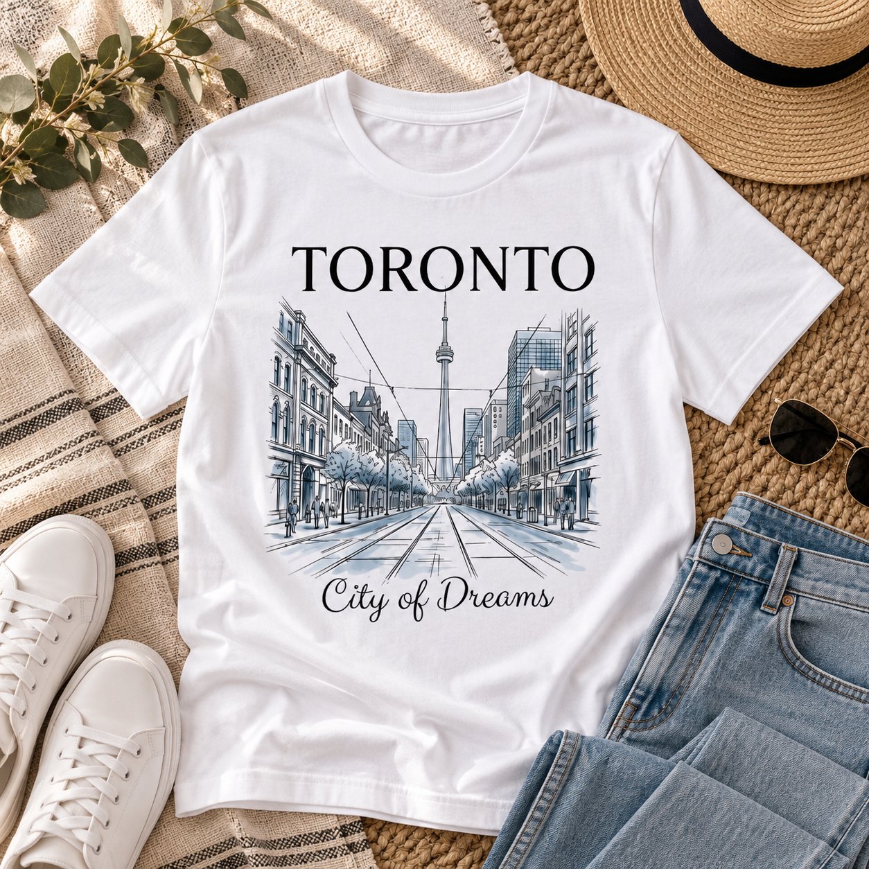 White Toronto City of Dreams t-shirt flat lay with jeans, sneakers and a straw hat - Toronto graphic tee