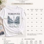 Toronto City of Dreams t-shirt size guide - unisex sizes S to 2XL with width, length and sleeve in centimetres