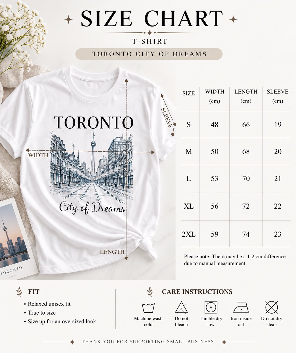 Toronto City of Dreams t-shirt size guide - unisex sizes S to 2XL with width, length and sleeve in centimetres