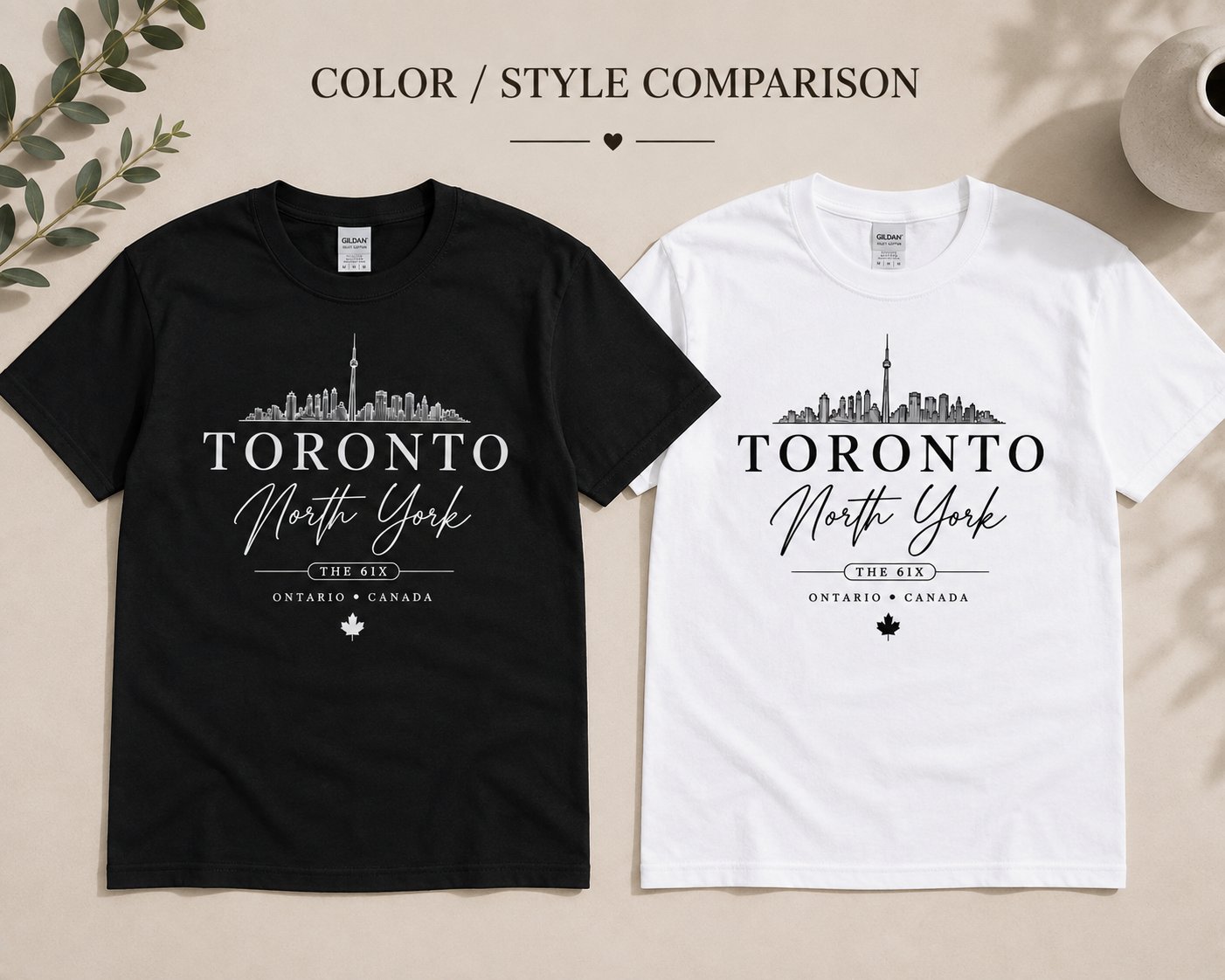 Toronto North York t-shirt in black and white side by side - colour comparison