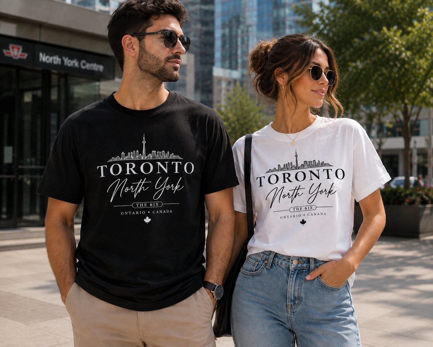 Couple wearing the Toronto North York tees in black and white - matching the 6ix skyline shirts Toronto