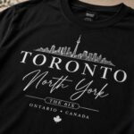 Toronto North York print close-up on black cotton - skyline, script lettering and THE 6IX
