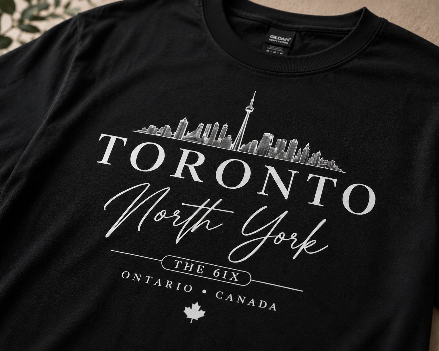 Toronto North York print close-up on black cotton - skyline, script lettering and THE 6IX