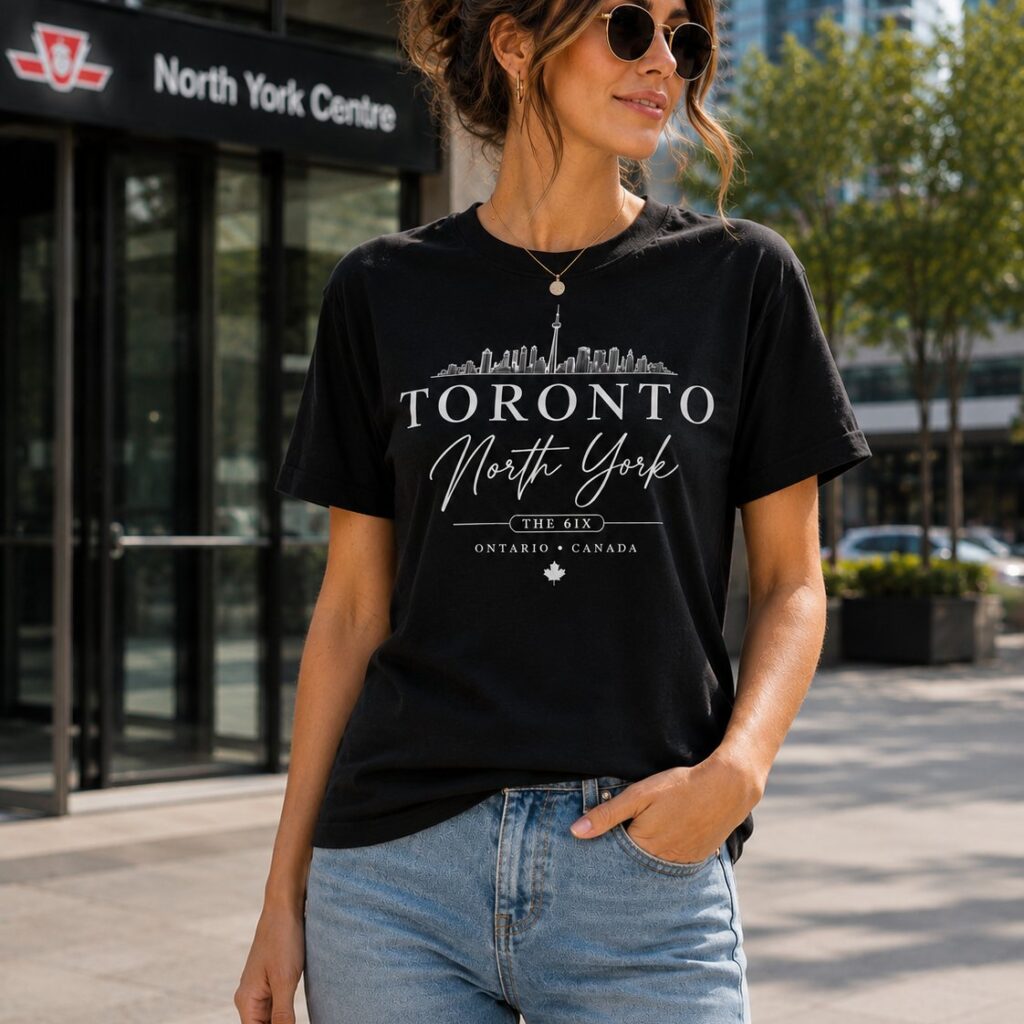 Woman wearing the Toronto North York black t-shirt outside North York Centre - the 6ix skyline tee - PrintMyVibe Toronto