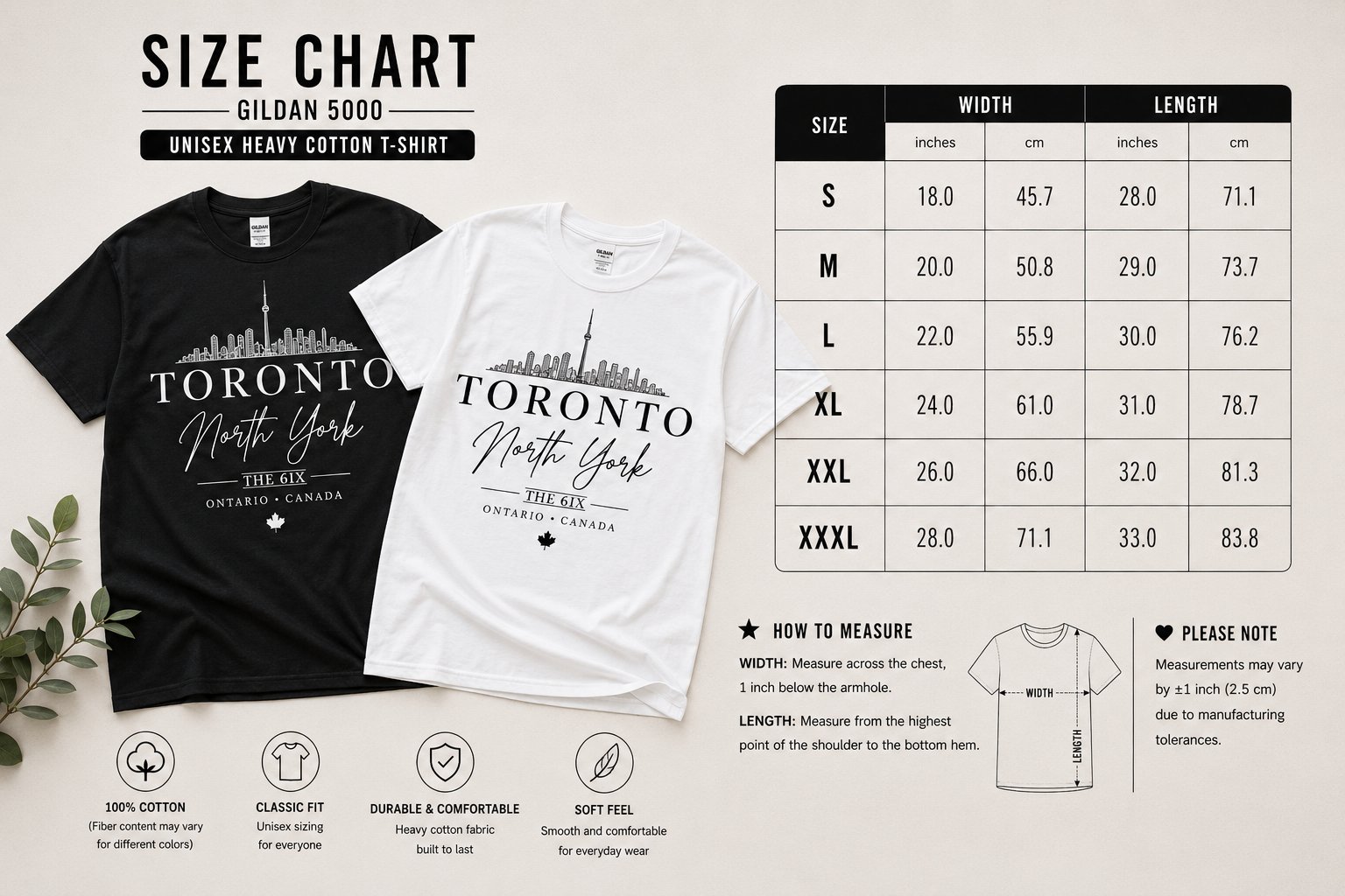 Toronto North York t-shirt size guide - unisex heavy cotton tee measurements in inches and centimetres