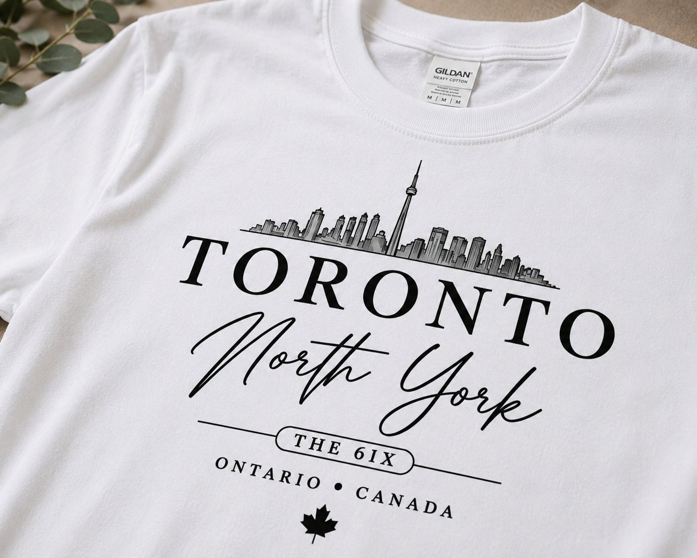 Toronto North York print close-up on white cotton - skyline, script lettering and THE 6IX