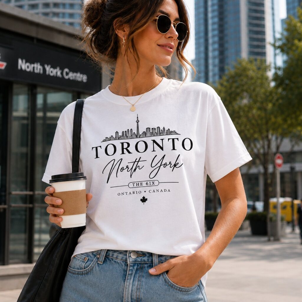 Woman wearing the Toronto North York white t-shirt outside North York Centre - the 6ix skyline tee - PrintMyVibe Toronto