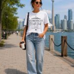 Woman wearing the Toronto North York white tee on the waterfront with the CN Tower behind - Toronto skyline t-shirt