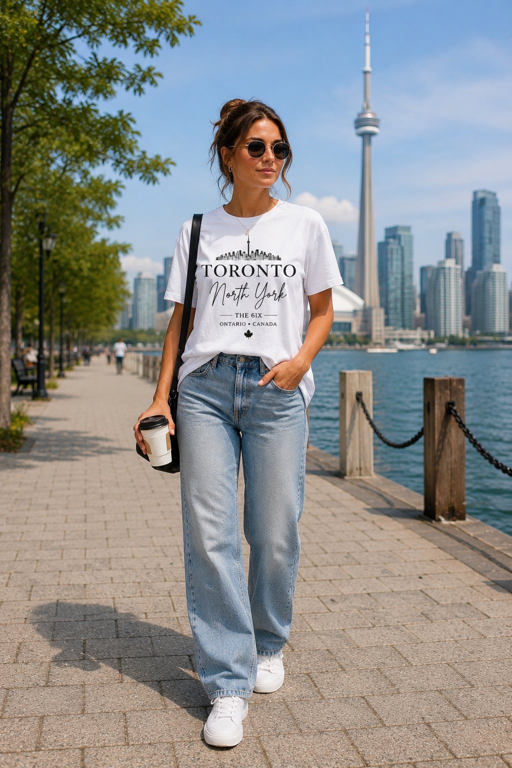 Woman wearing the Toronto North York white tee on the waterfront with the CN Tower behind - Toronto skyline t-shirt