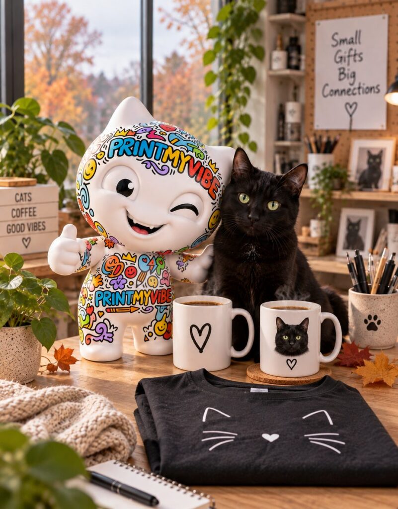 Viby the PrintMyVibe mascot with a black cat tee and custom cat mug in the North York Toronto studio