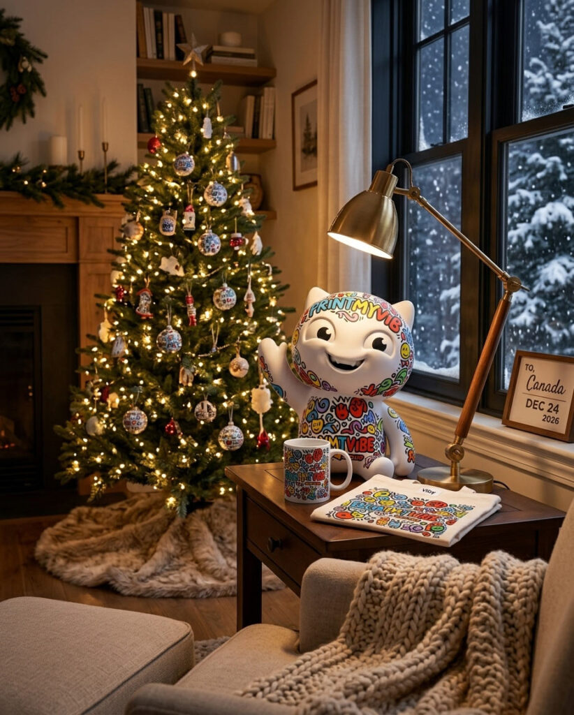 Viby the PrintMyVibe mascot with personalized Christmas gifts beside a decorated tree in Toronto
