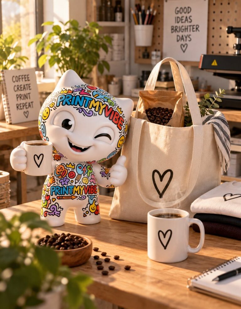 Viby the PrintMyVibe mascot with a coffee tote bag and custom coffee mug in the North York Toronto studio