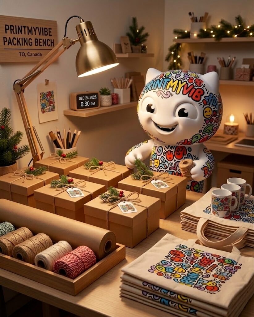 Viby the PrintMyVibe mascot packing branded corporate holiday gifts in the North York Toronto studio