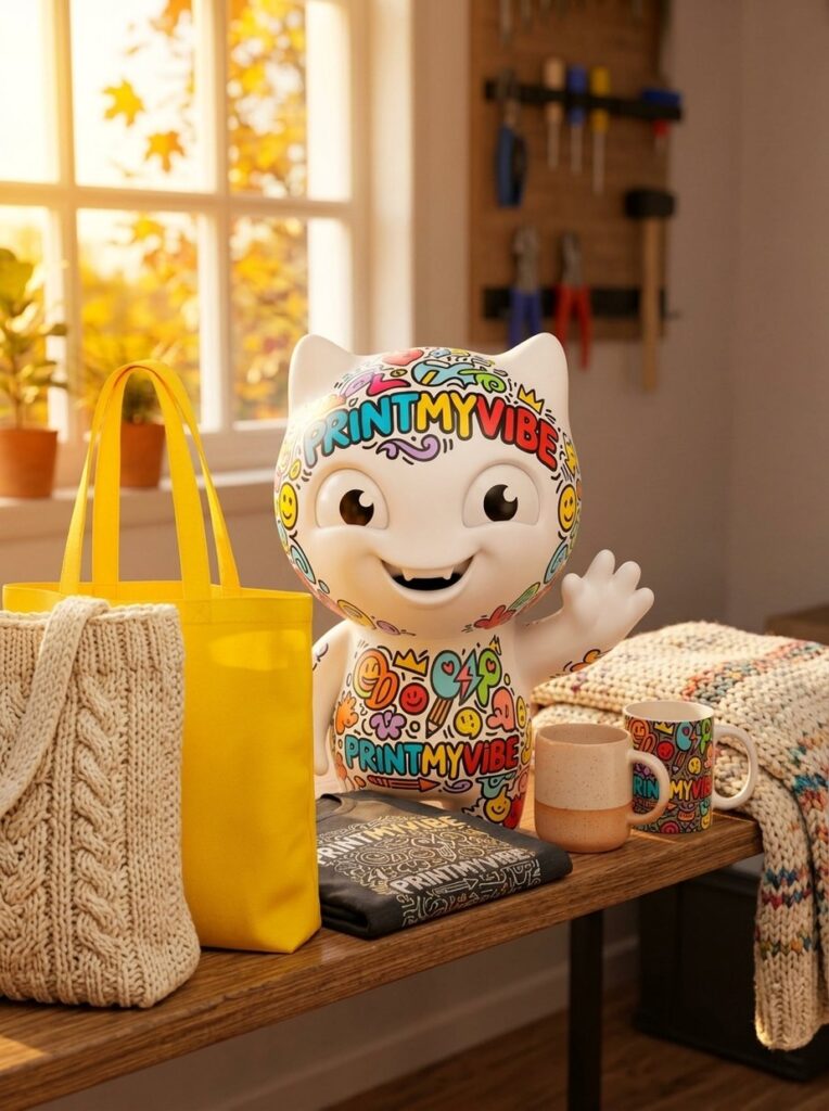 Viby the PrintMyVibe mascot with cozy season mugs and tote bags in the North York Toronto studio