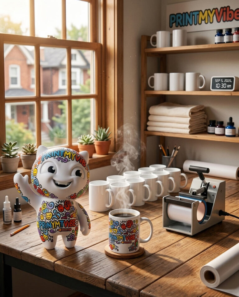 Viby the PrintMyVibe mascot with custom printed ceramic mugs in the North York Toronto studio