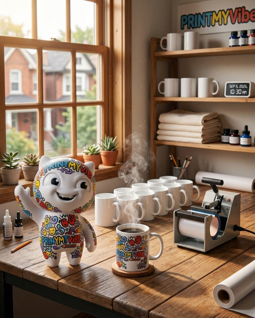 Viby the PrintMyVibe mascot with custom printed ceramic mugs in the North York Toronto studio