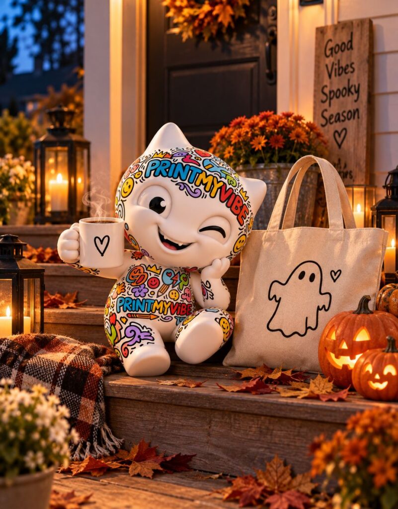 Viby the PrintMyVibe mascot with a Spooky Season tote bag and Halloween mug set in the North York Toronto studio
