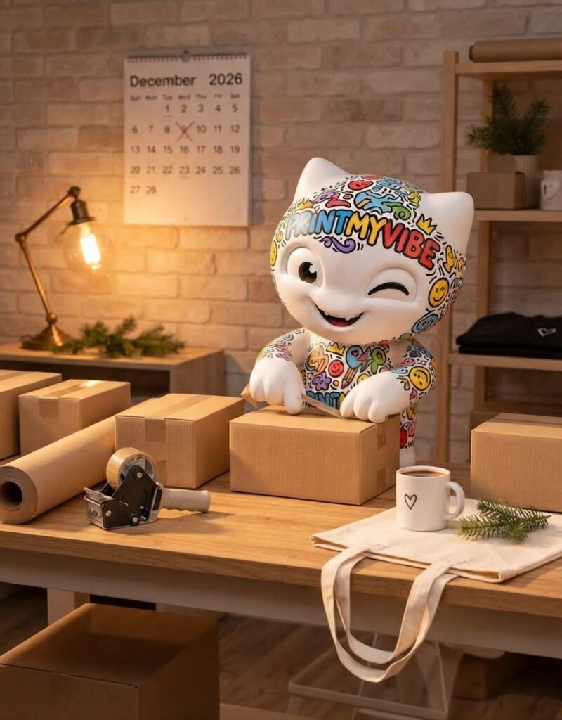 Viby the PrintMyVibe mascot packing holiday gift orders at the North York Toronto studio