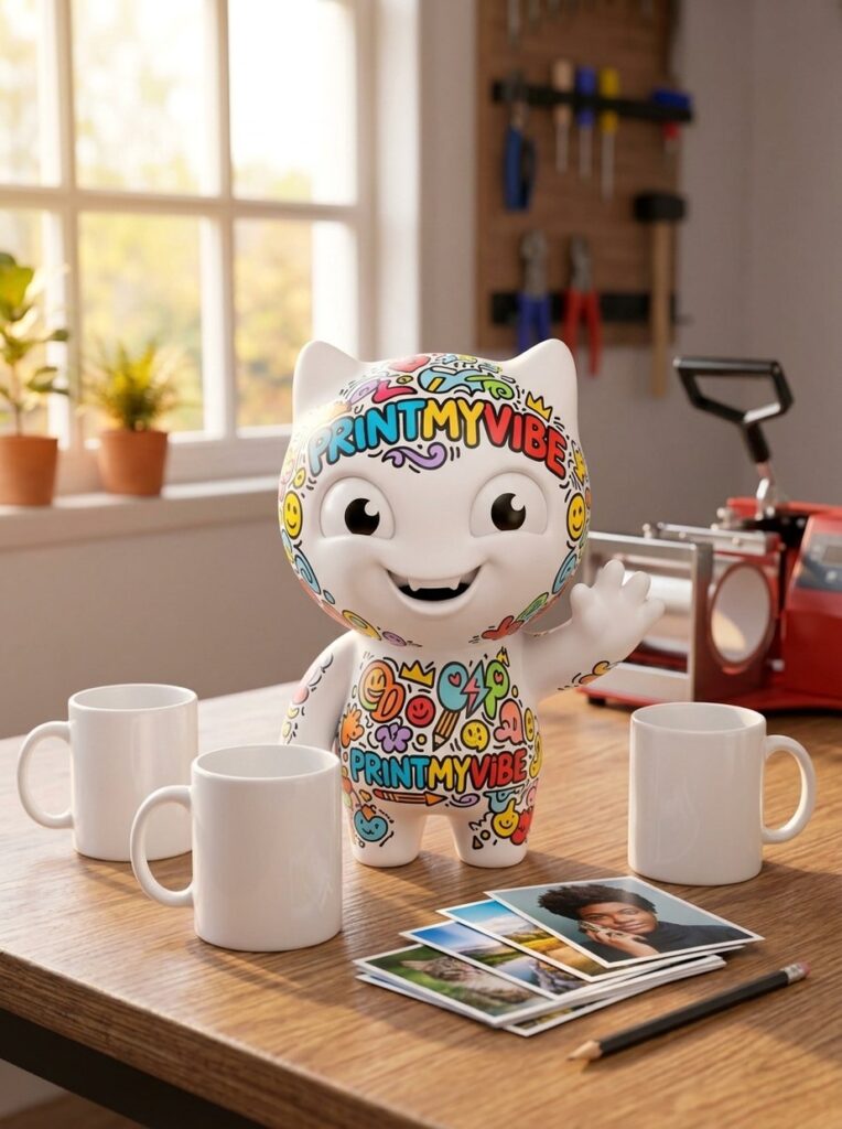 Viby the PrintMyVibe mascot with personalized name, pair and pet portrait mugs in the North York Toronto studio