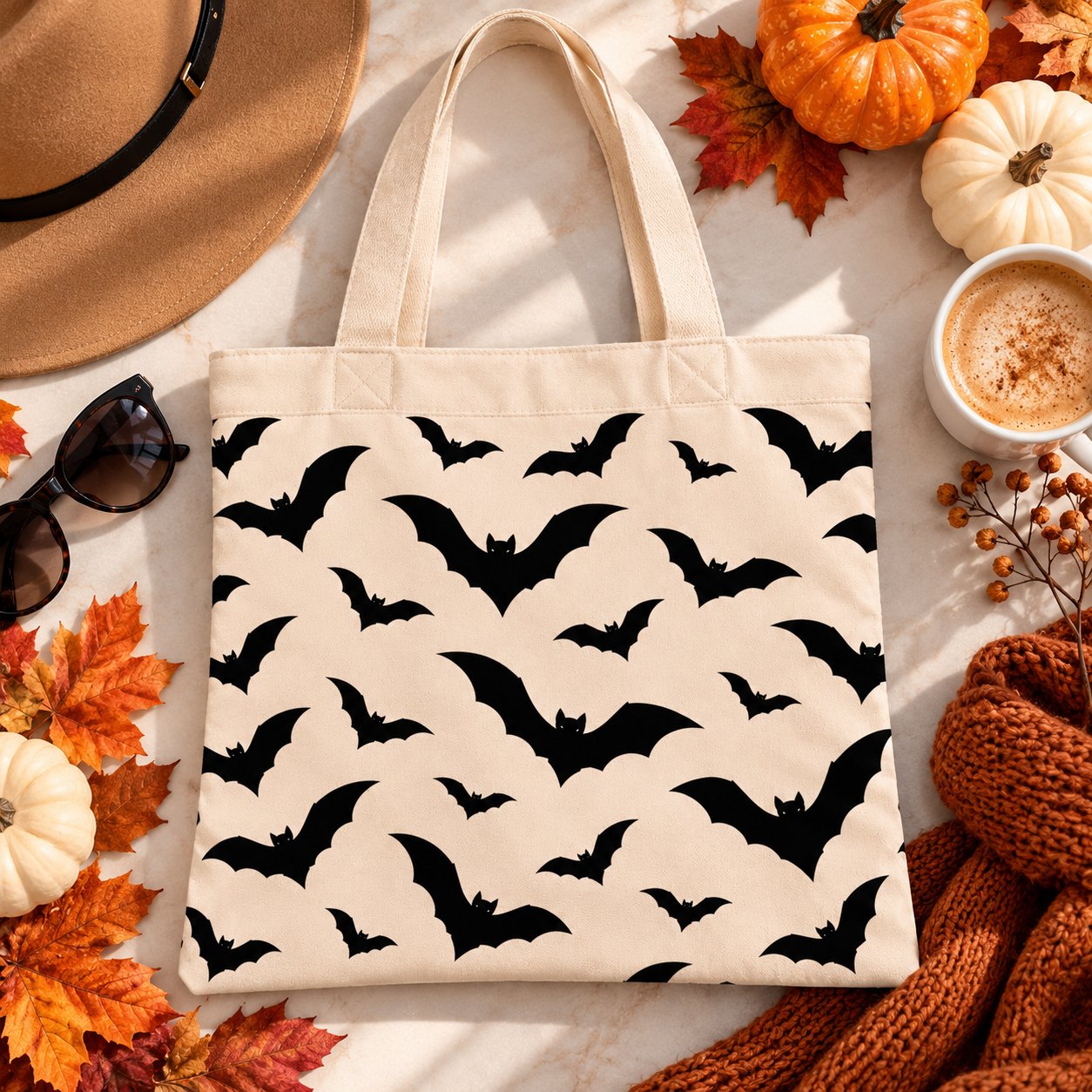 Bat tote bag flat lay with pumpkins, autumn leaves and a latte - Halloween canvas tote
