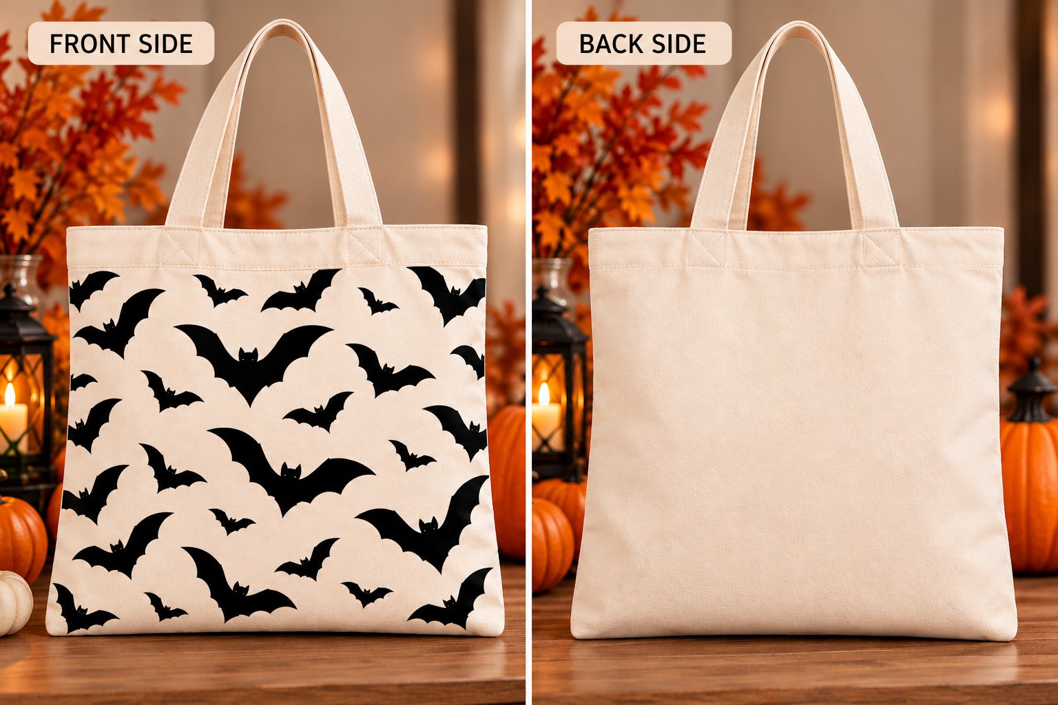 Bat tote bag front and back view - bat pattern on the front, plain natural canvas on the back