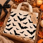 Bat tote bag folded in a gift box with a ribbon and tag - Halloween gift idea Toronto