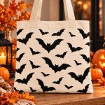 Bat tote bag standing beside lanterns and pumpkins - spooky season tote bag Toronto