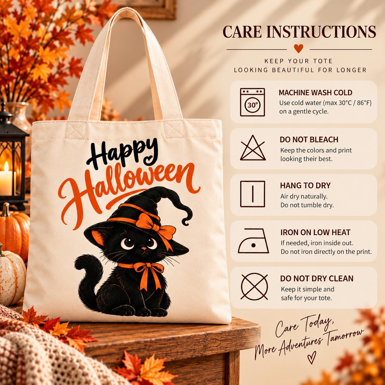 Tote bag care instructions - machine wash cold, do not bleach, hang to dry, iron on low inside out