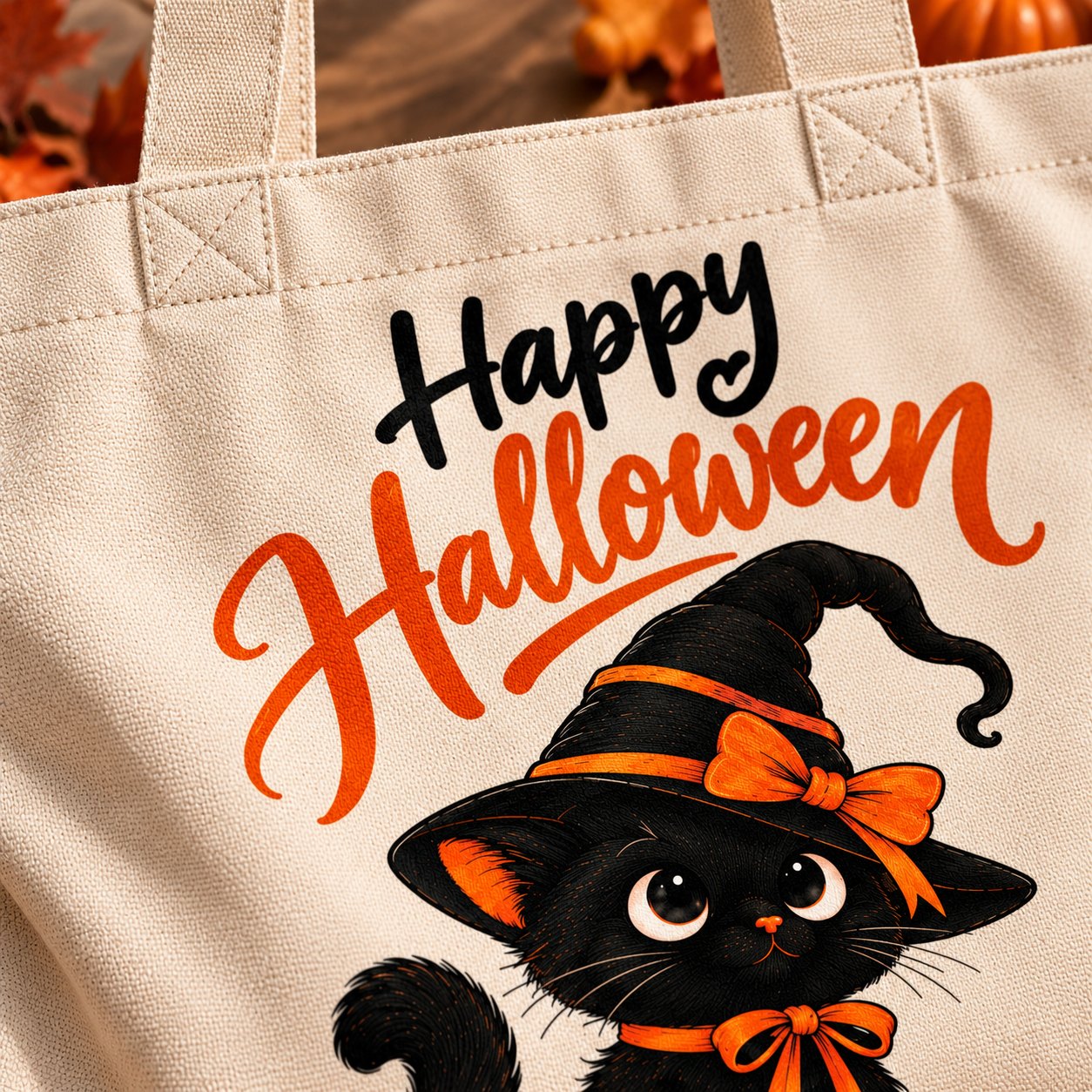 Close-up of the Happy Halloween cat print on cotton canvas - witch hat, orange bow and script lettering