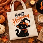 Black Cat Halloween tote flat lay with a candle, pumpkin and latte - cosy autumn canvas tote