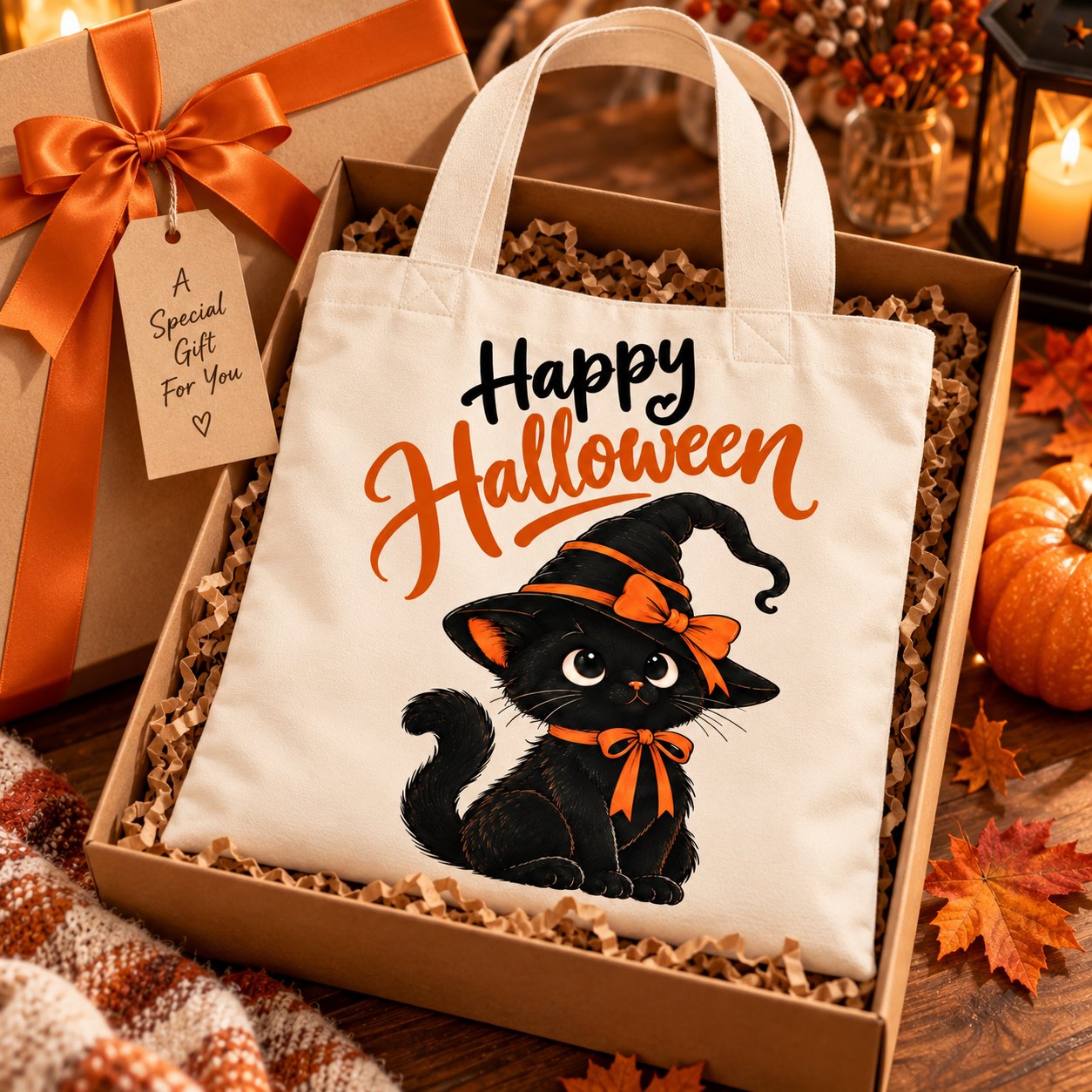 Black Cat Halloween tote in a gift box with an orange ribbon and tag - cat lover gift idea Toronto
