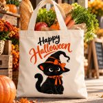 Black Cat tote bag filled with groceries and bread - large reusable canvas shopping tote