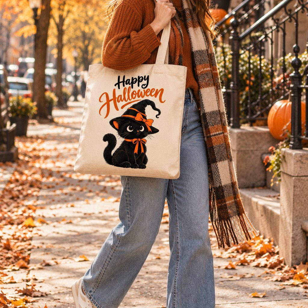 Woman carrying the Black Cat Halloween tote down an autumn street - large canvas cat tote - PrintMyVibe Toronto
