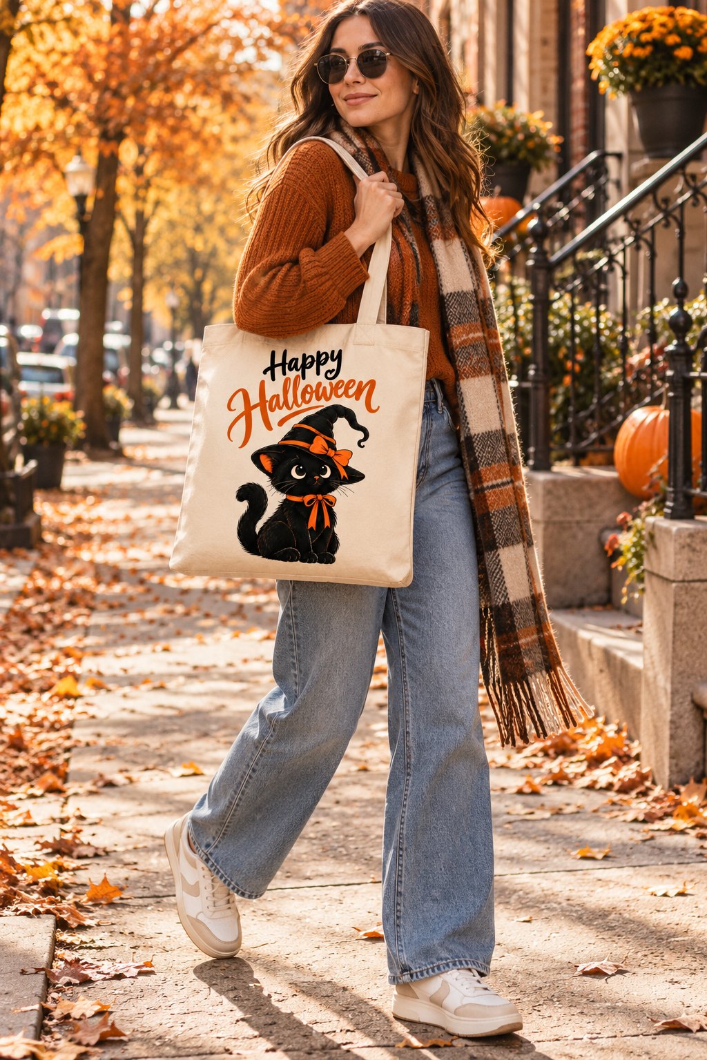 Woman carrying the Black Cat Halloween tote down an autumn street - large canvas cat tote - PrintMyVibe Toronto