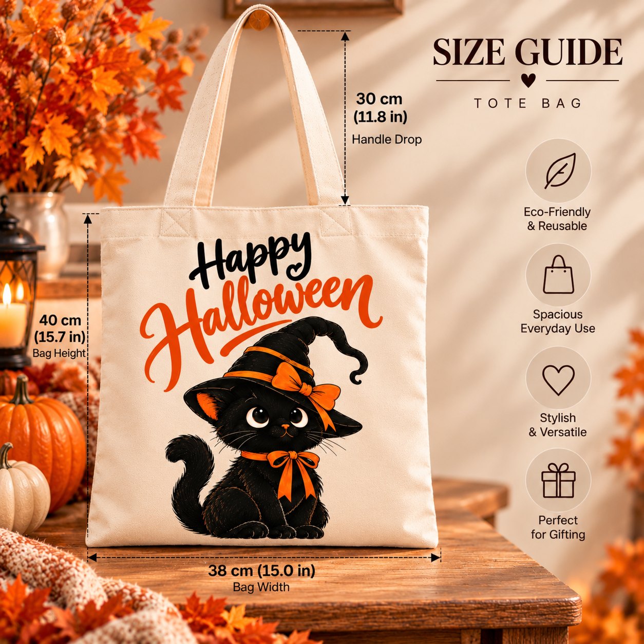 Black Cat tote bag size guide - 40cm tall by 38cm wide with a 30cm handle drop